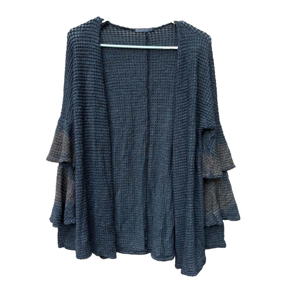 T Party Sz M Waterfall Cardigan Open Front Knit Gray Brown Accent Tiered Sleeves